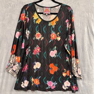Johnny Was Rose Lace Puff Sleeve Top Floral Print Size 2XL Boho Feminine